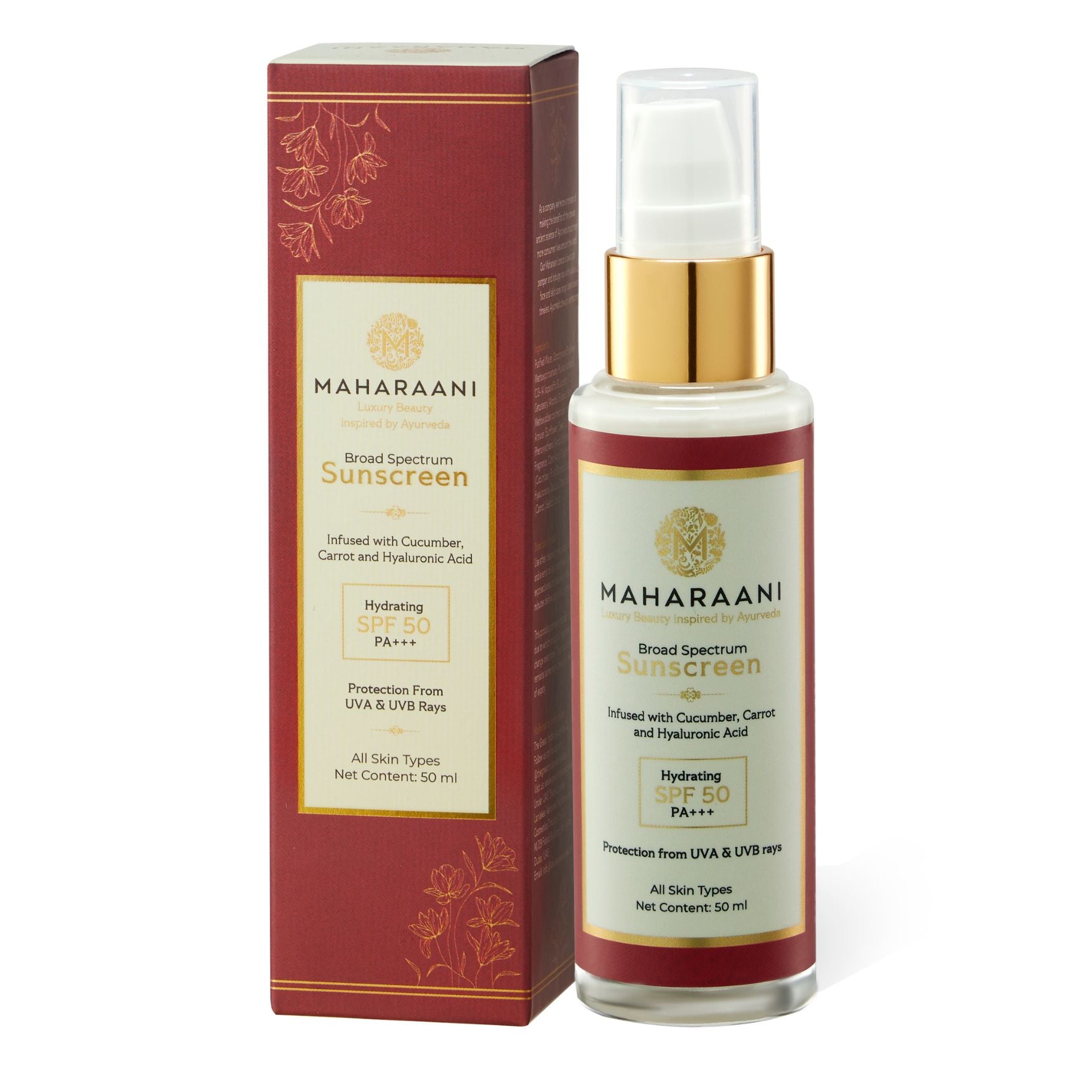 Maharaani Facial Sunscreen SPF50 infused with Cucumber, Carrot and Hyaluronic Acid (50ml)