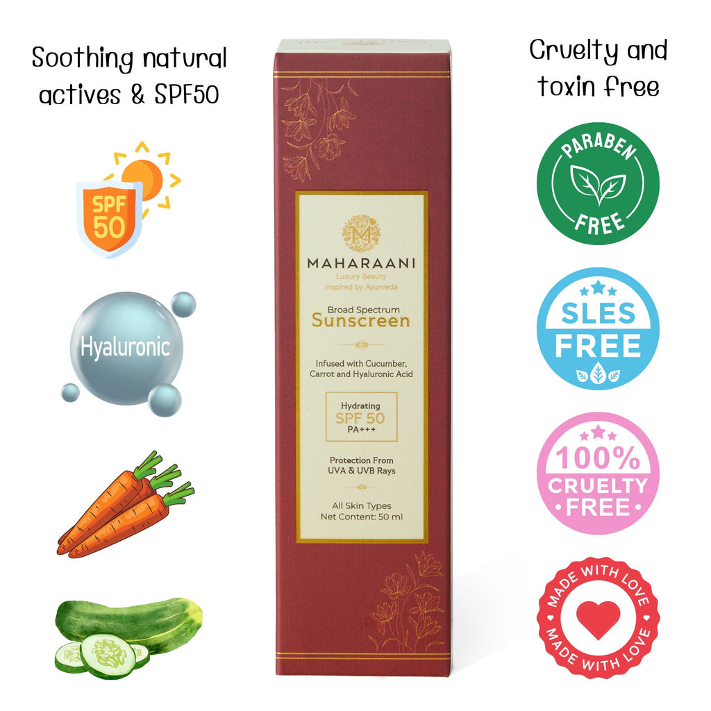 Maharaani Facial Sunscreen SPF50 infused with Cucumber, Carrot and Hyaluronic Acid (50ml)